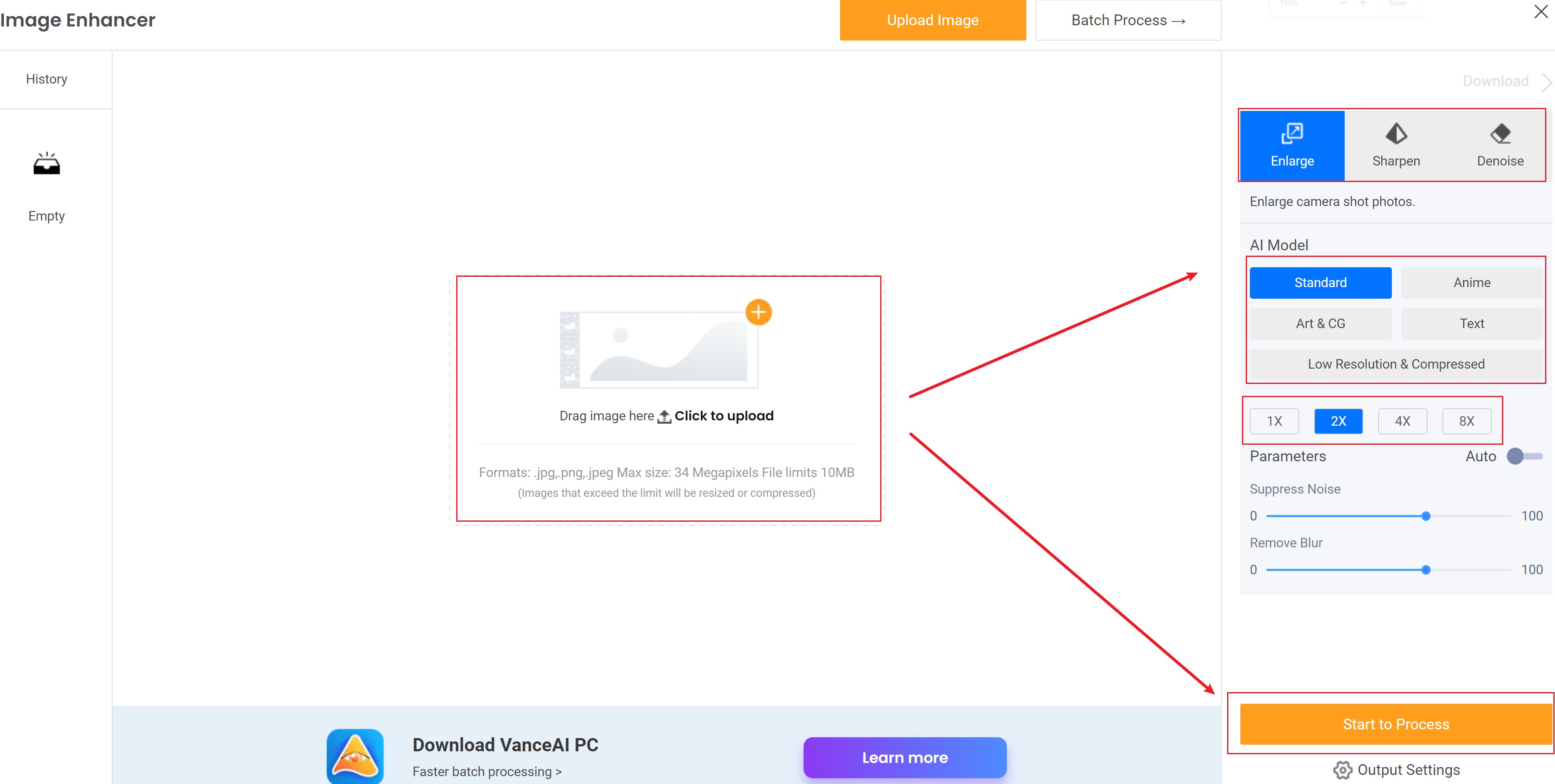 VanceAI Image Upscaler workspace